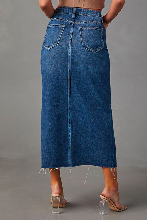 Rosiedress High Rise Raw Hem Slit Front Denim Midi Skirt