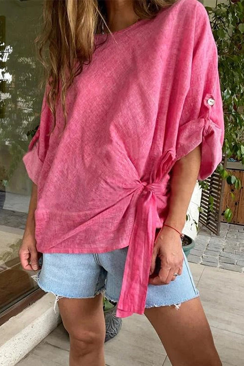 Rolled Up Sleeves Tie Knot Loose Top HotPink