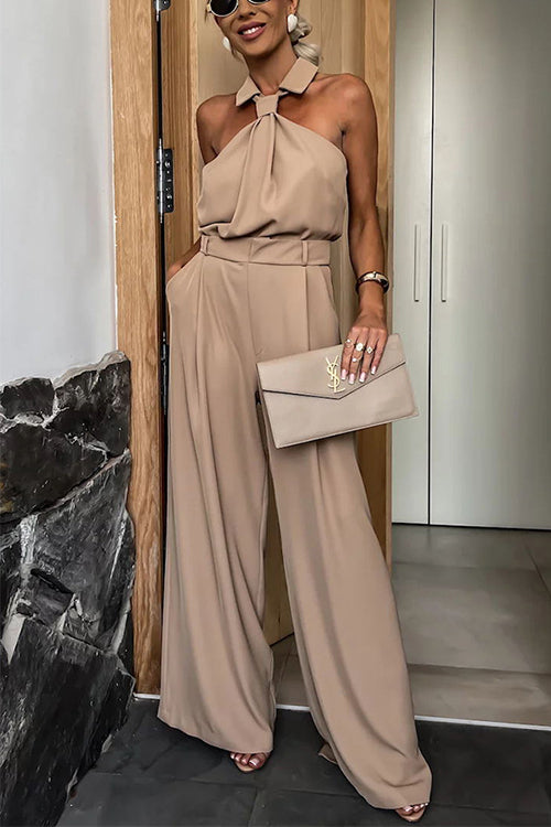 Collared Sleeveless Wide Leg Pocketed Jumpsuit Camel