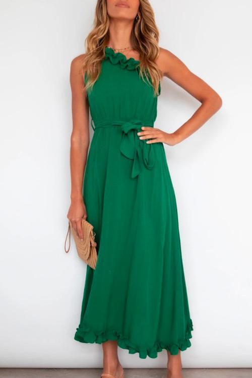 Rosiedress One Shoulder Sleeveless Tie Waist Ruffle Swing Dress Green