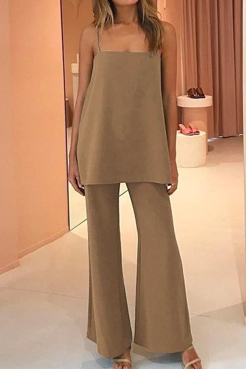 Rosiedress Solid Cami Top Wide Leg Pants Set Khaki