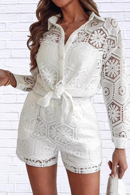 Lace Button Up Shirt and Shorts Set