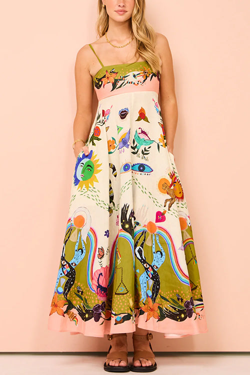 Rosiedress Spaghetti Strap High Waist Unique Print Maxi Swing Dress Print