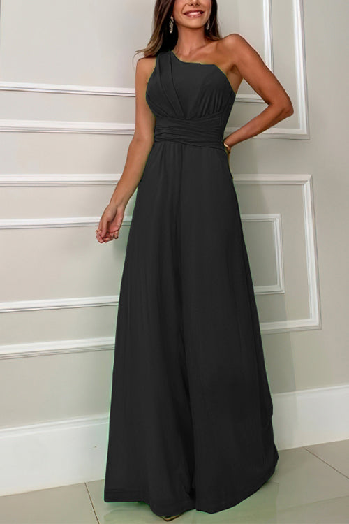 Rosiedress Sleeveless One Shoulder Waisted Flare Wide Leg Jumpsuit Black