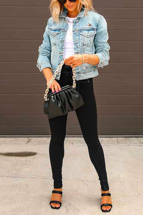 Rosiedress Distressed Button Up Ripped Short Denim Jacket