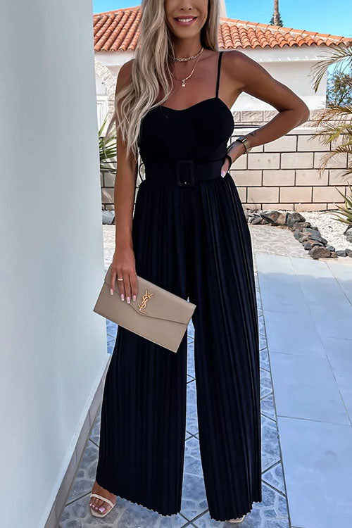 Rosiedress Spaghetti Strap Belted Pleated Wide Leg Jumpsuit Black