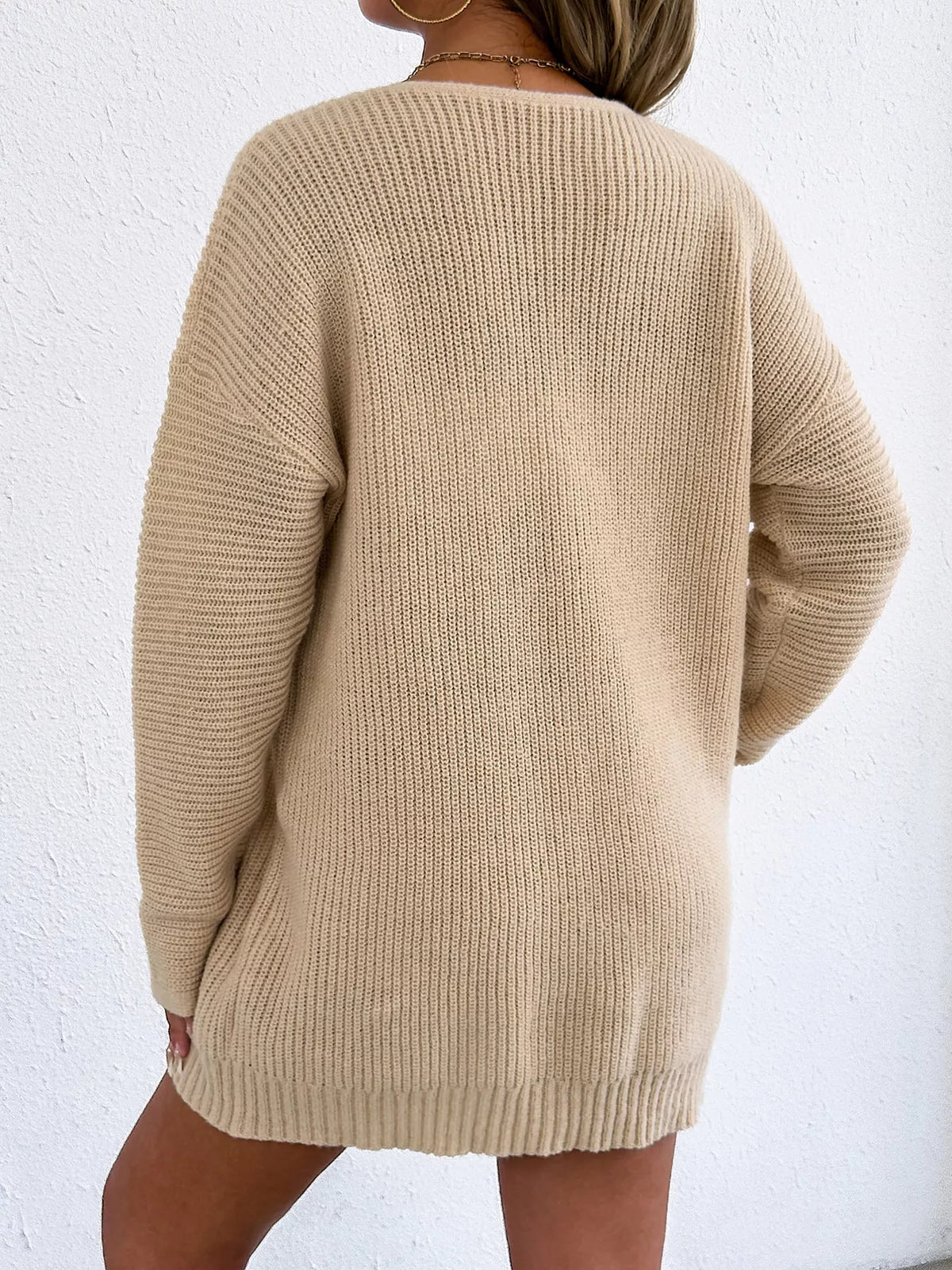 V-Neck Ribbed Knit Sweater Dress