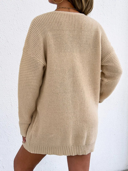 V-Neck Ribbed Knit Sweater Dress