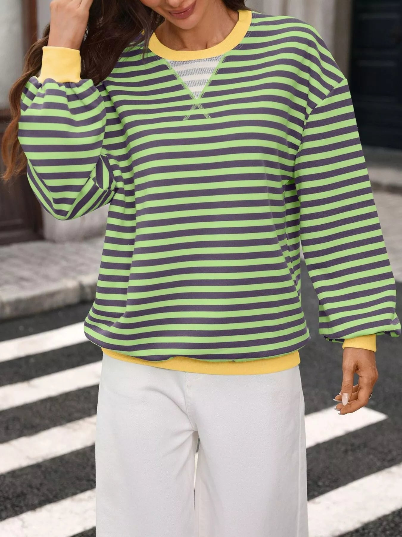 Contrast Trim Striped Crew Neck Sweatshirt