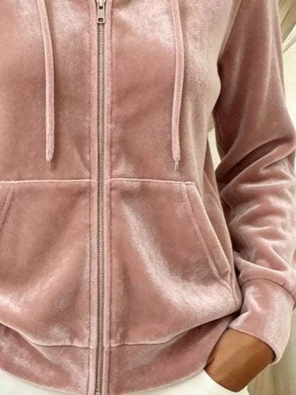 Full Size Velvet Zip-Up Hoodie with Drawstring Plus Size