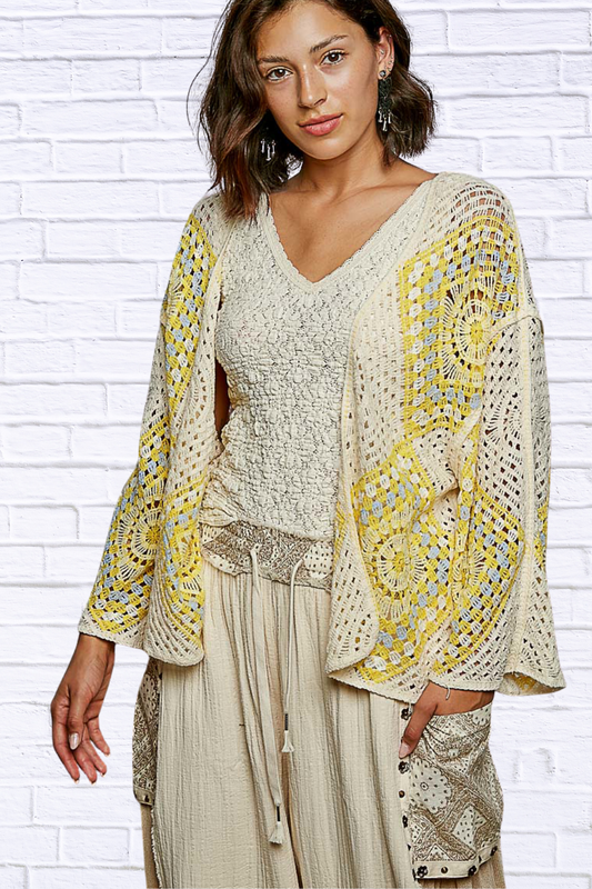 Elenor Open Front Crochet Cardigan with Granny Square Pattern