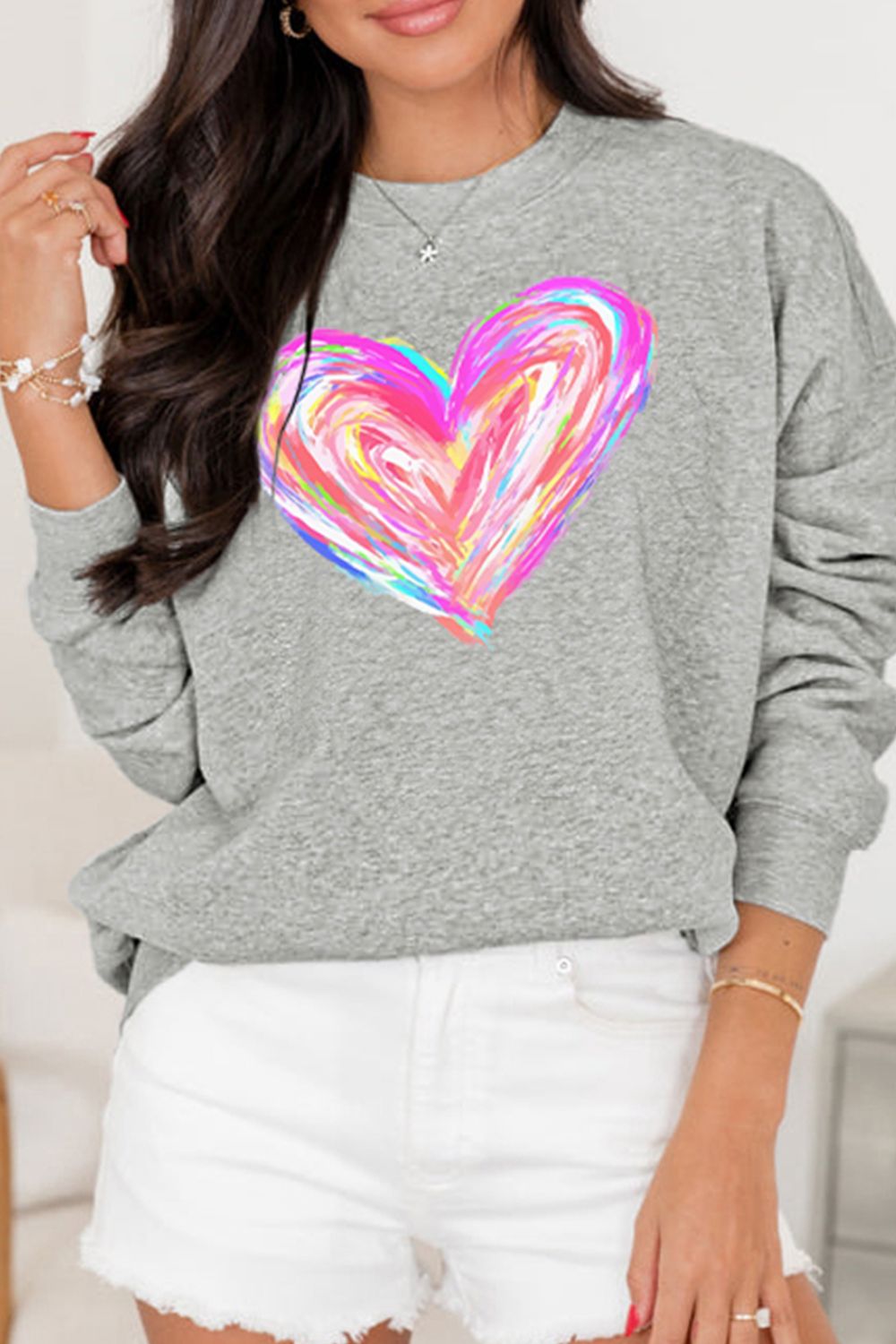 Blue Zone Planet | Valentine’S Day Heart Round Neck Drop Shoulder Sweatshirt