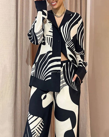 Black and white printed lapel loose two-piece set