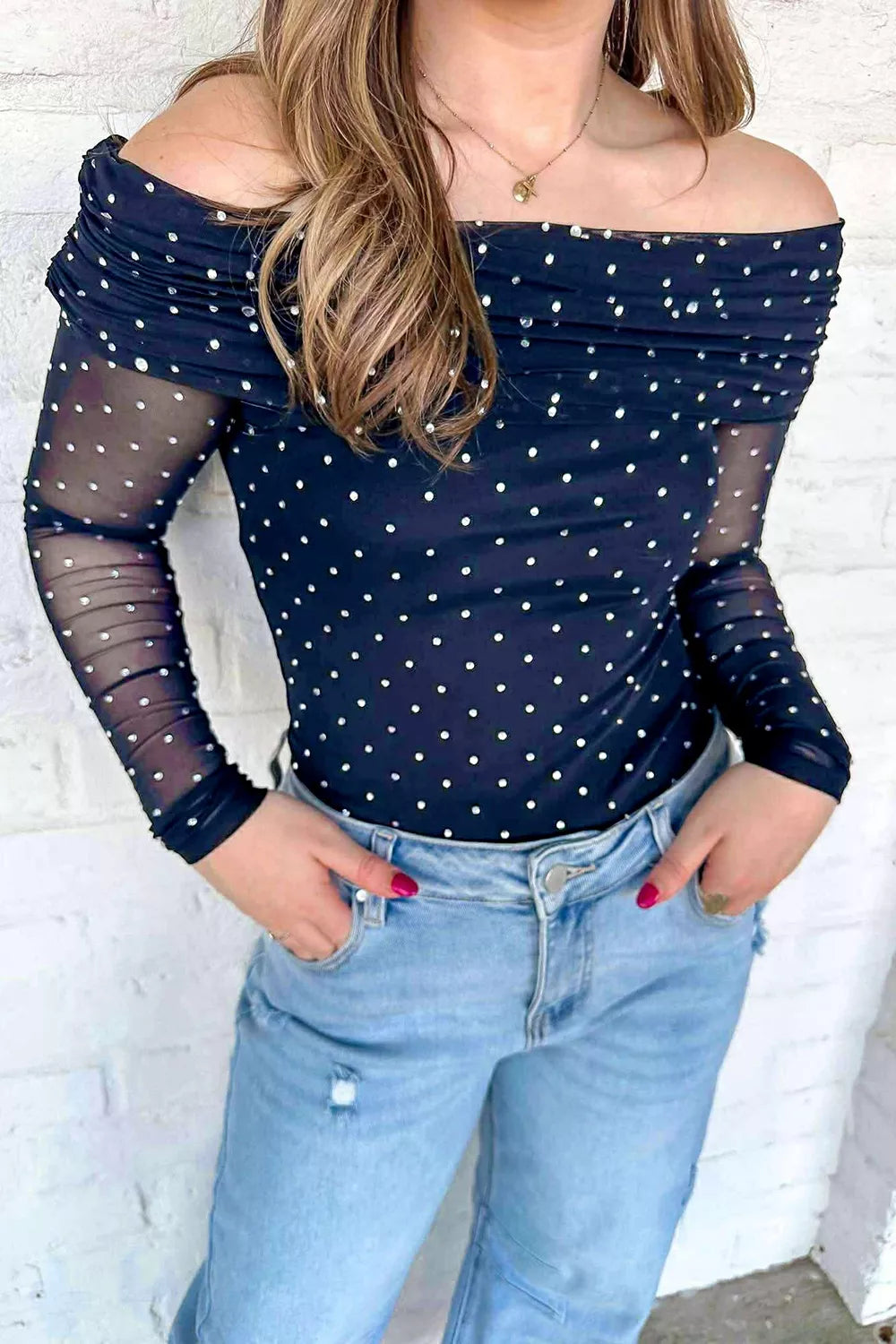 Off-Shoulder Polka Dot Mesh Blouse