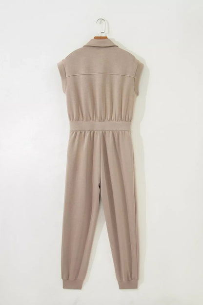 Solid Color Zip Front Short Sleeve Collared Jumpsuit