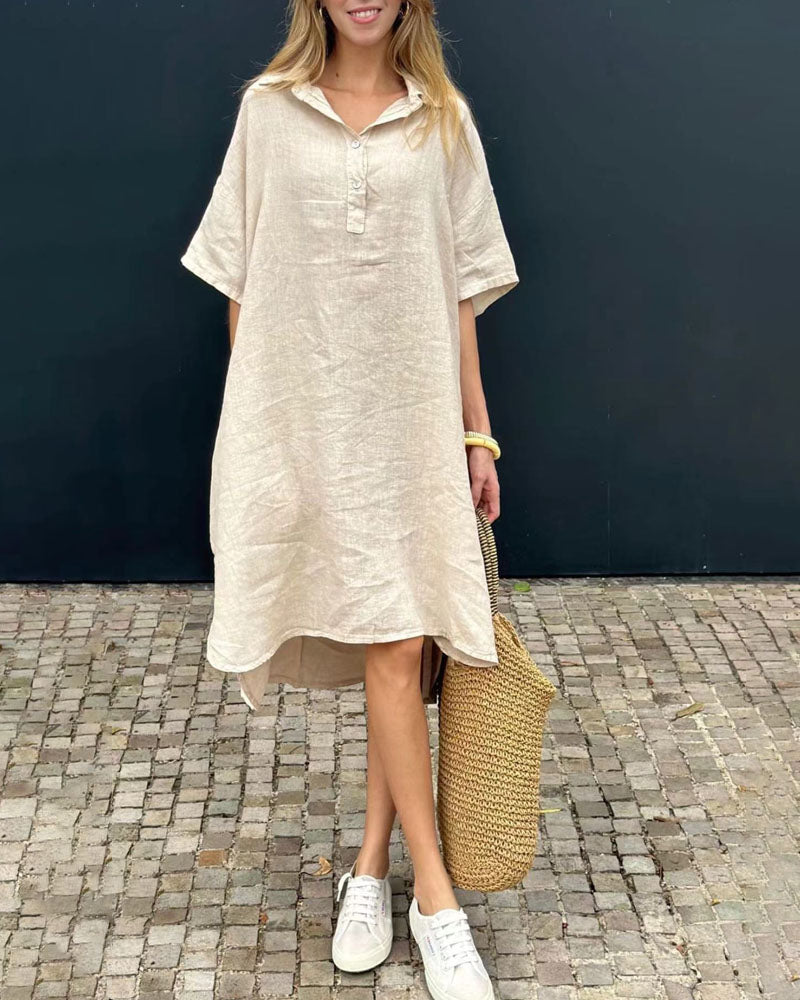 Solid Color Casual Cotton Linen Lapel Button Dress