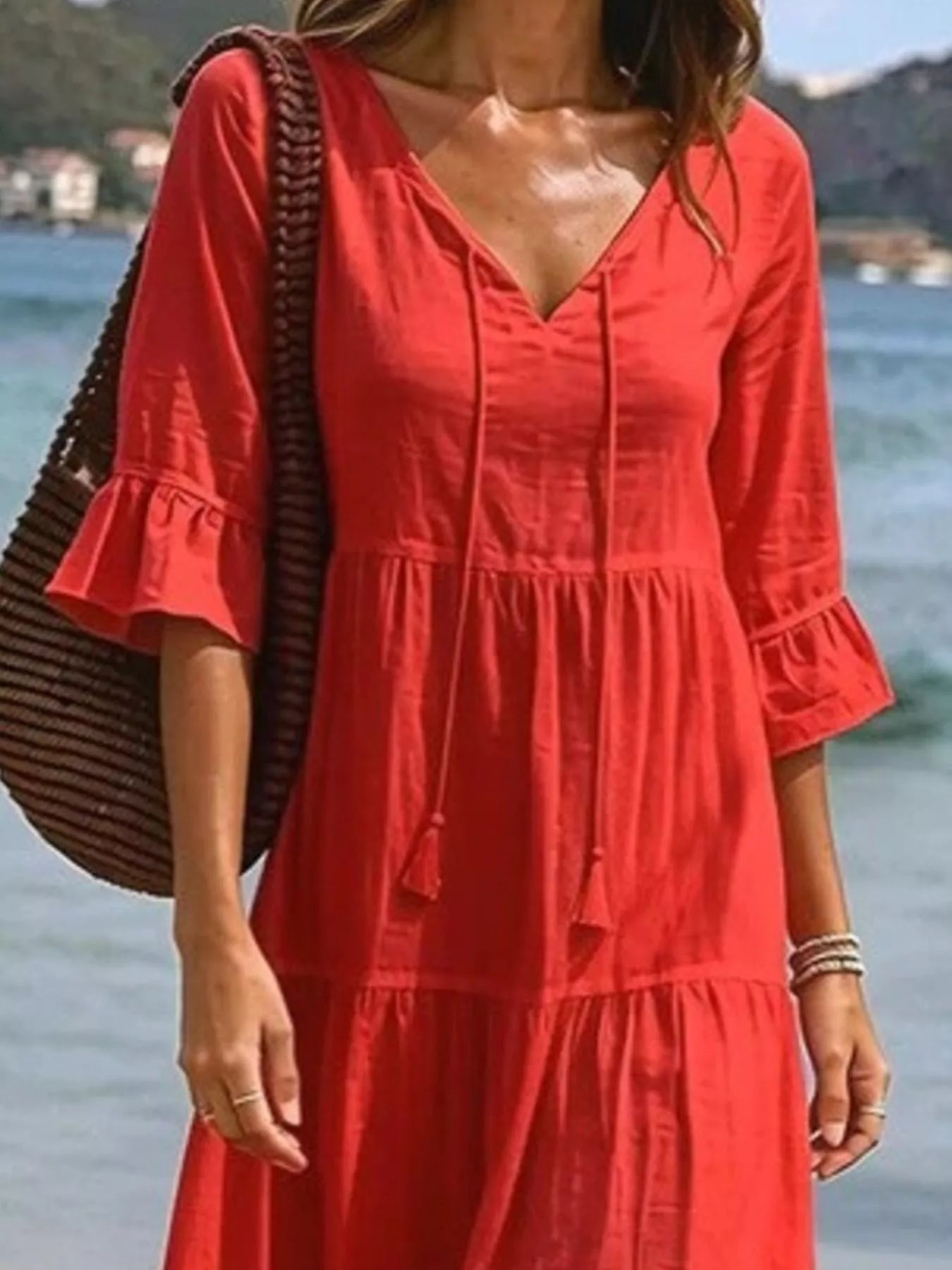 Full Size Tiered Tie Neck Flounce Sleeve Dress Plus Size