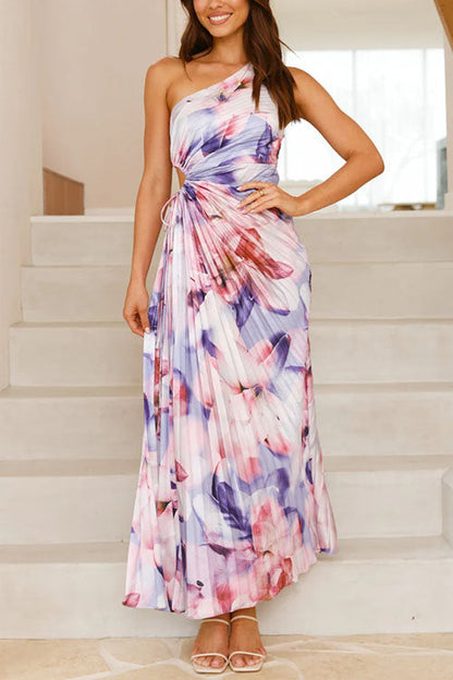 One Shoulder Sleeveless Cut Out Floral Print Pleated Maxi Dress