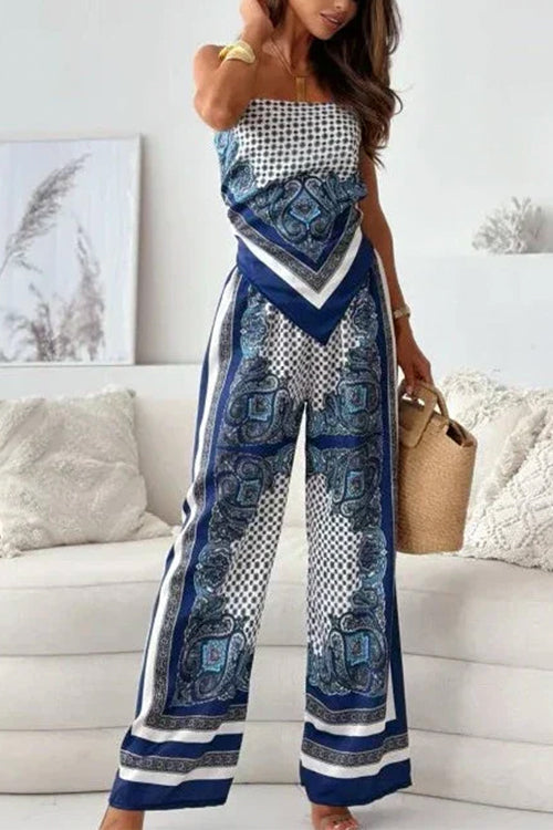 Rosiedress Tie Knot Backless Cami Top Wide Leg Pants Printed Set