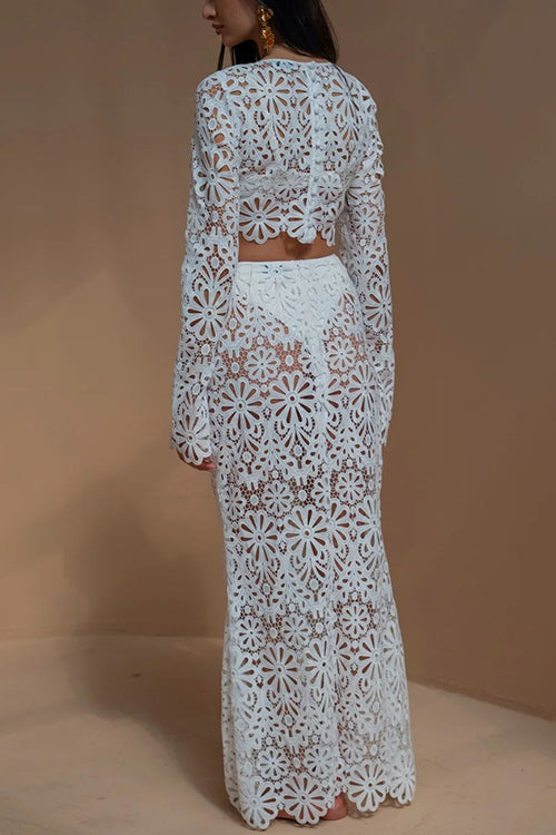 Rosiedress Crochet Lace Cover-up Crop Top and Maxi Skirt Vacation Set