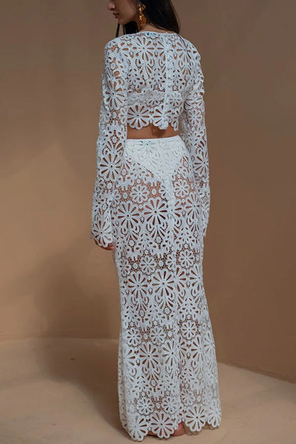 Rosiedress Crochet Lace Cover-up Crop Top and Maxi Skirt Vacation Set