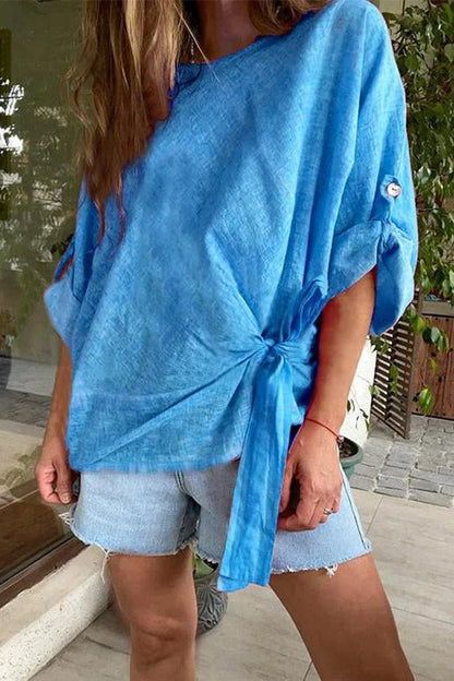 Rolled Up Sleeves Tie Knot Loose Top Blue