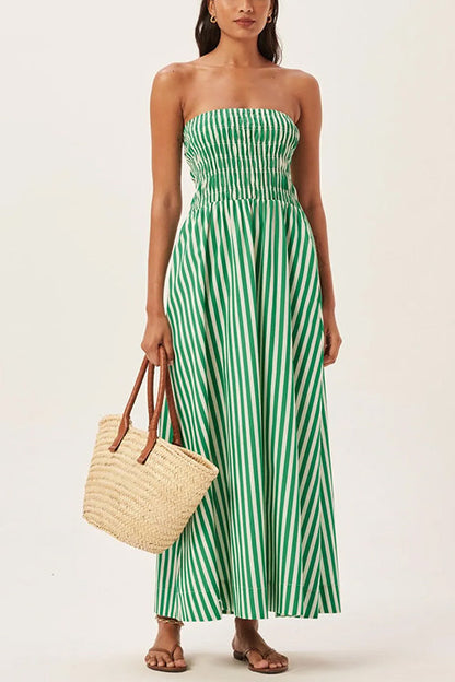 Rosiedress Strapless Smocked Tube Striped Maxi Dress Green