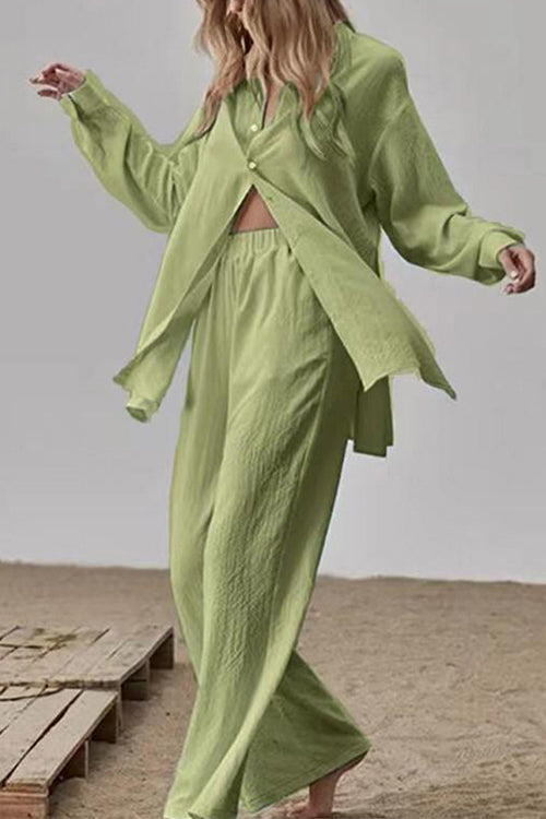 Long Sleeves Side Slit Blouse Shirt Elastic Waist Wide Leg Pants Set Green