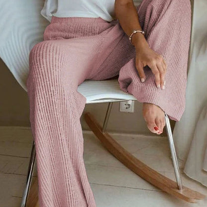 Rosiedress Elastic Waist Wide Leg Solid Knit Pants Pink