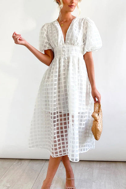 V Neck Lantern Sleeve Waisted A-line Dress White