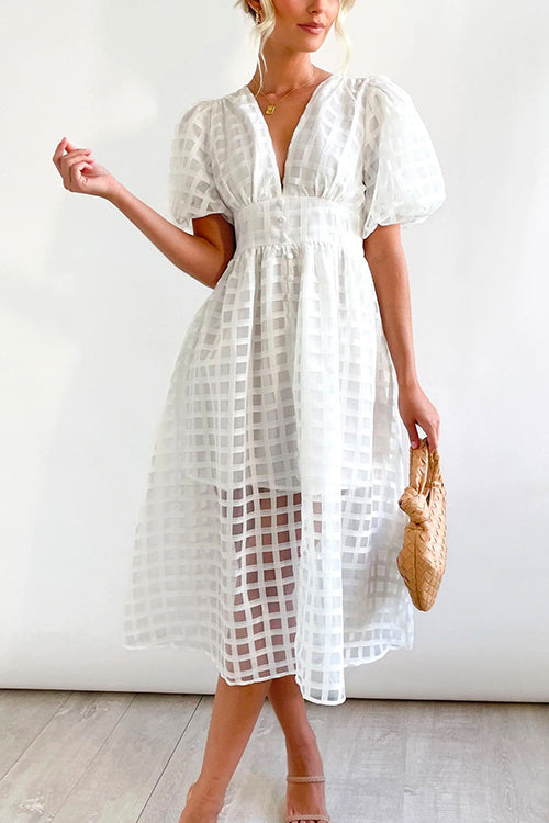 Rosiedress V Neck Lantern Sleeve Waisted A-line Dress White