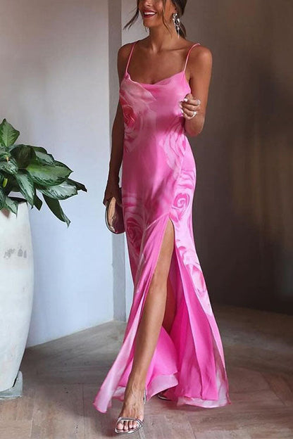 Rosiedress Spaghetti Strap Open Back High Slit Floral Maxi Dress Pink