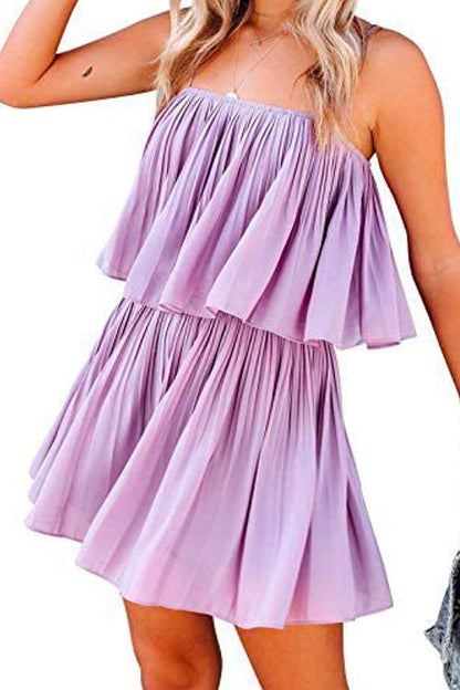 Solid Waisted Ruffle Pleated Cami Shorts Romper Purple