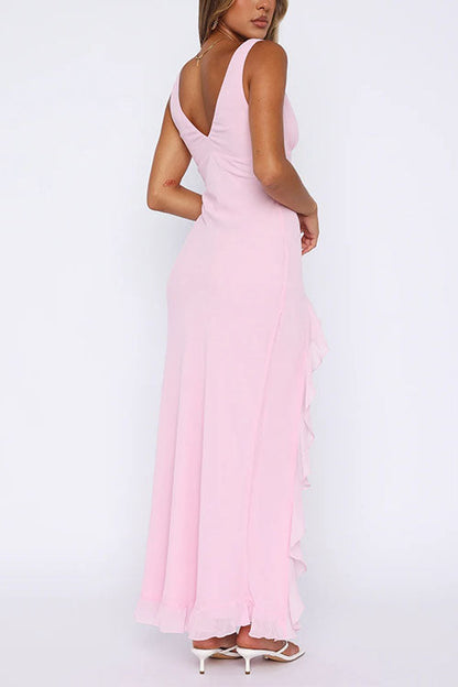 Rosiedress V Neck Sleeveless Ruffle Trim Slit Maxi Dress