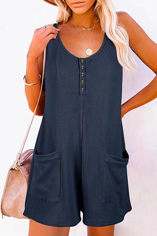 Rosiedress Scoop Neck Pockets Solid Tank Romper DarkBlue