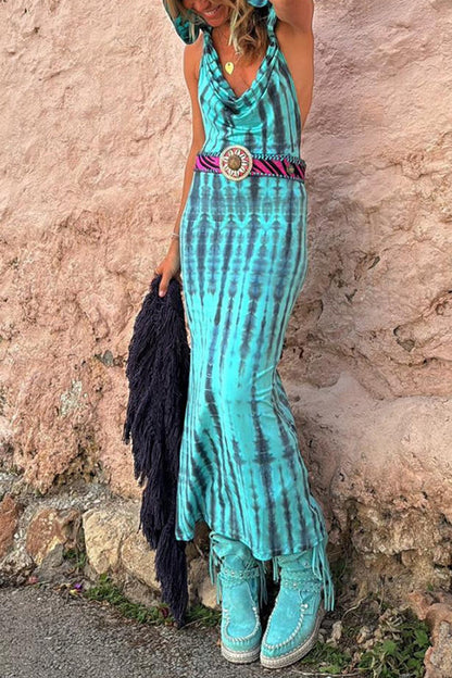 Rosiedress Cowl Neck Backless Tie Dye Hoodied Maxi Dress