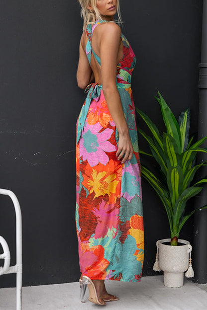 V Neck Sleeveless Tie Back Slit Floral Print Maxi Dress