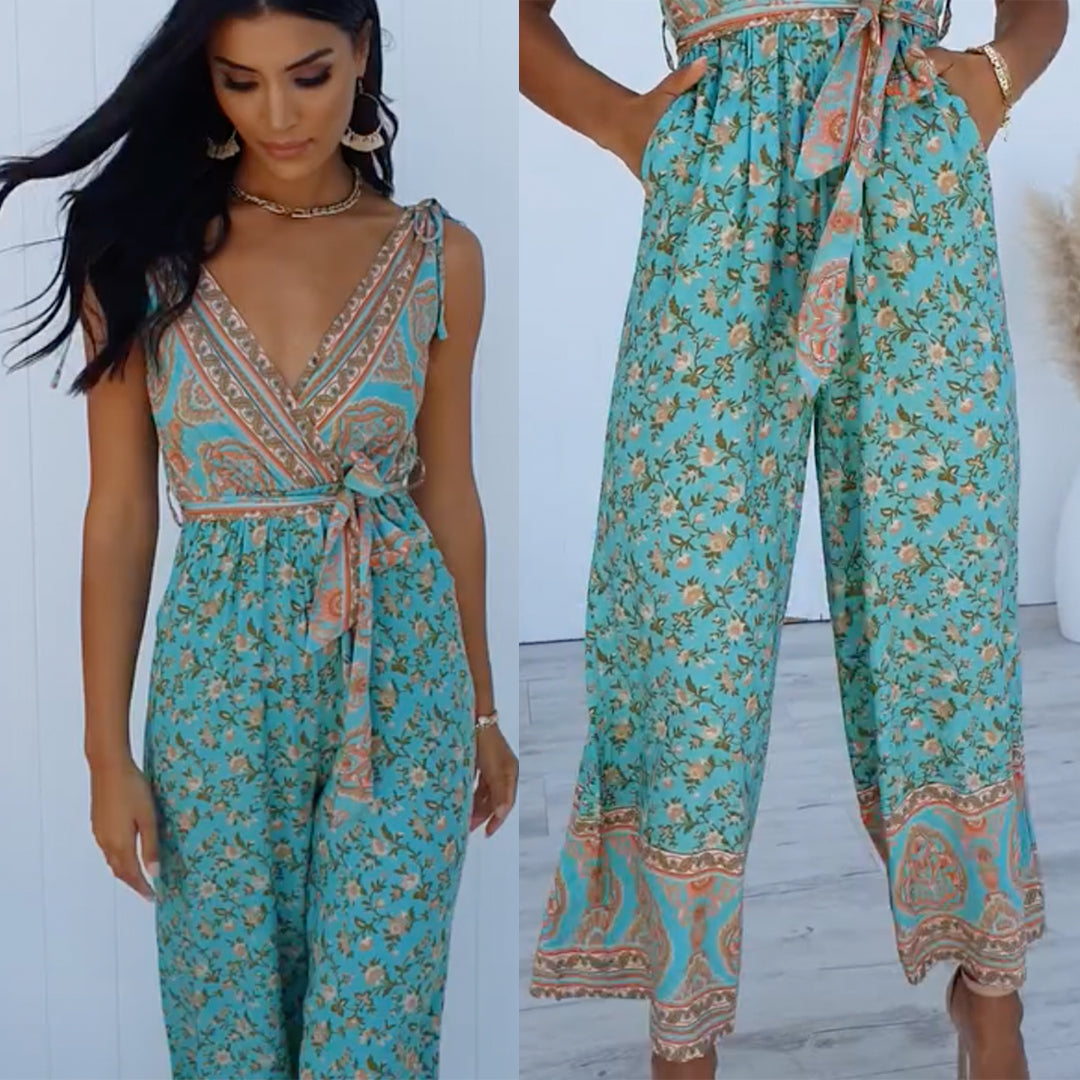 V Neck Sleeveless Tie Waist Wide Leg Floral Print Jumpsuit Blue