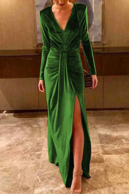 Deep V Neck Slit Ruched Velvet Party Dress(5 Colors Available) KellyGreen