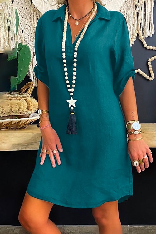 Lapel V Neck Roll Up Sleeve Shirt Dress Green