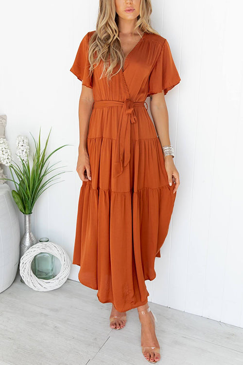 Rosiedress Wrap V Neck Flutter Sleeves Tie Waist Tiered Midi Dress