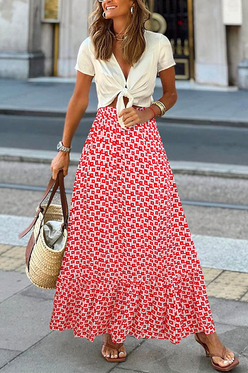 High Waist Printed Maxi Ruffle Swing Skirt Red