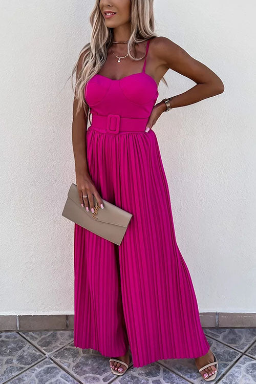 Rosiedress Spaghetti Strap Belted Pleated Wide Leg Jumpsuit