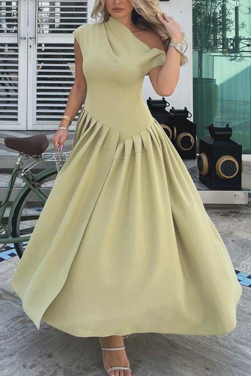 Rosiedress Elegant Asymmetric Shoulder Pleated Swing Maxi Dress