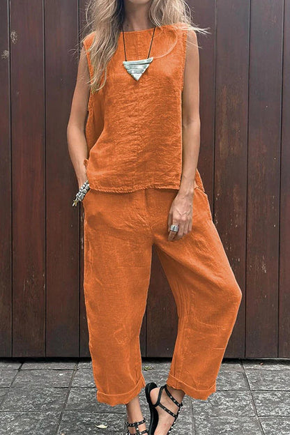 Casual Sleeveless Pullover Top Wide Leg Pants Cotton Linen Set Orange