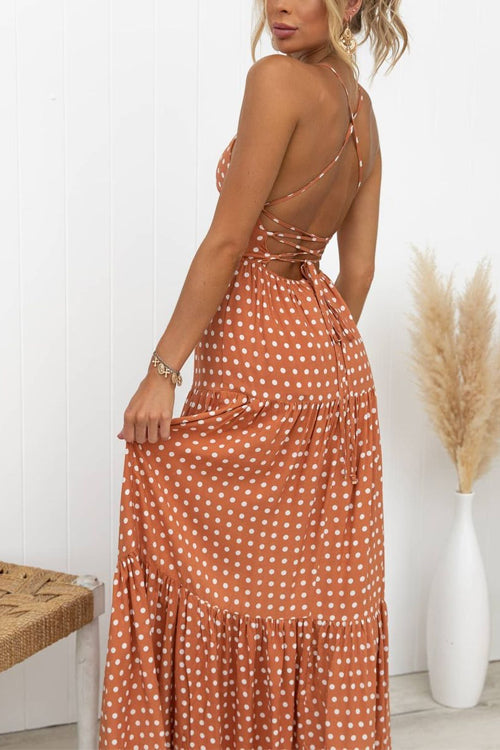 Open Back Lace-up Polka Dot Tiered Maxi Dress Orange