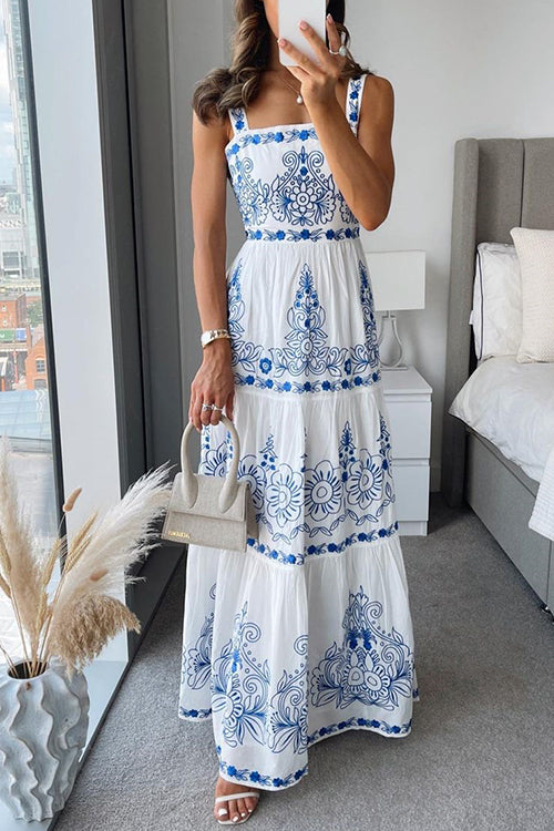 Square Neck Tiered Unique Print Maxi Cami Dress