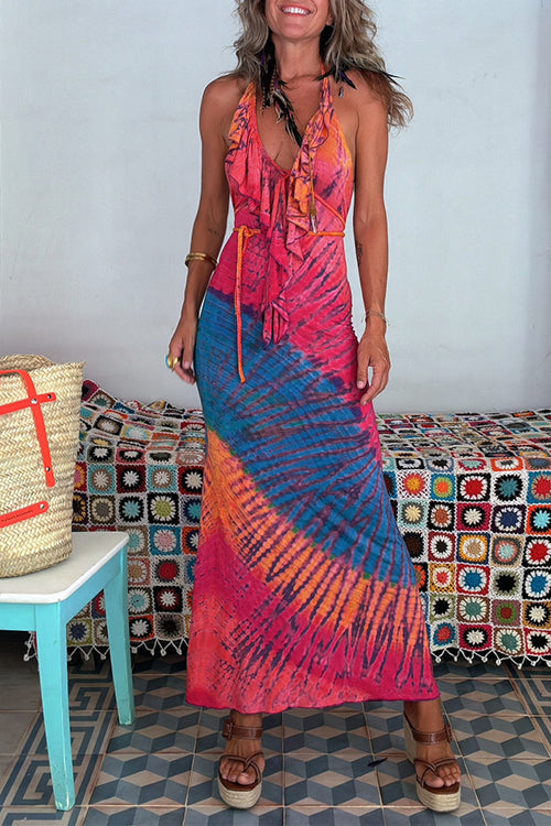 Rosiedress Ruffle Trim Halter Lace-up Backless Tie Dye Maxi Dress