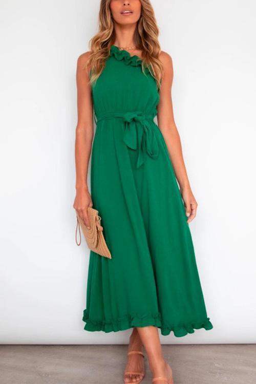 Rosiedress One Shoulder Sleeveless Tie Waist Ruffle Swing Dress