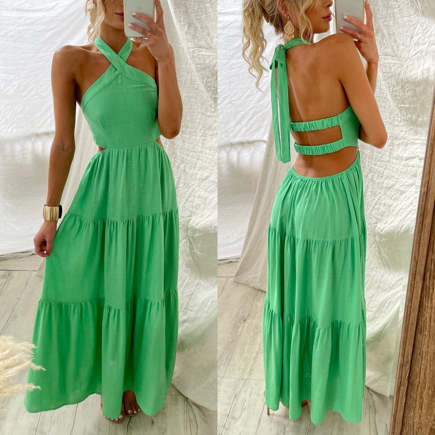 Halter-neck Open Back Tiered Maxi Vacation Dress Green